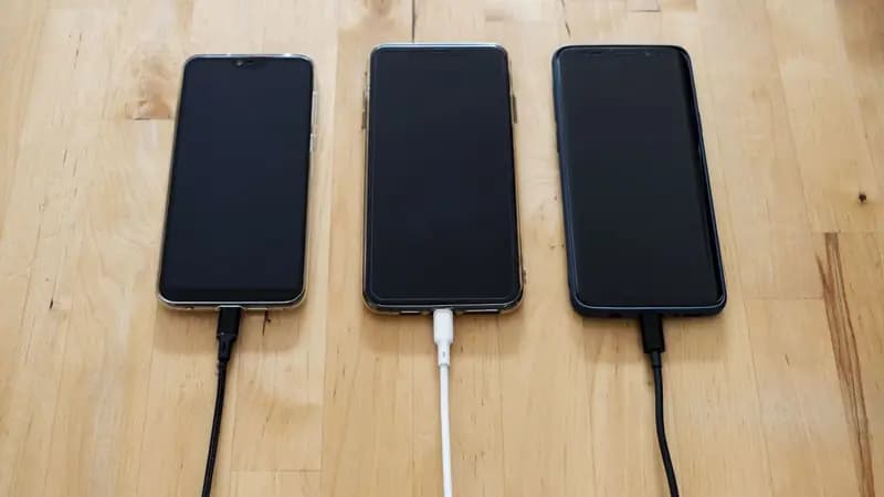 Three Android phones charging side by side on a desk