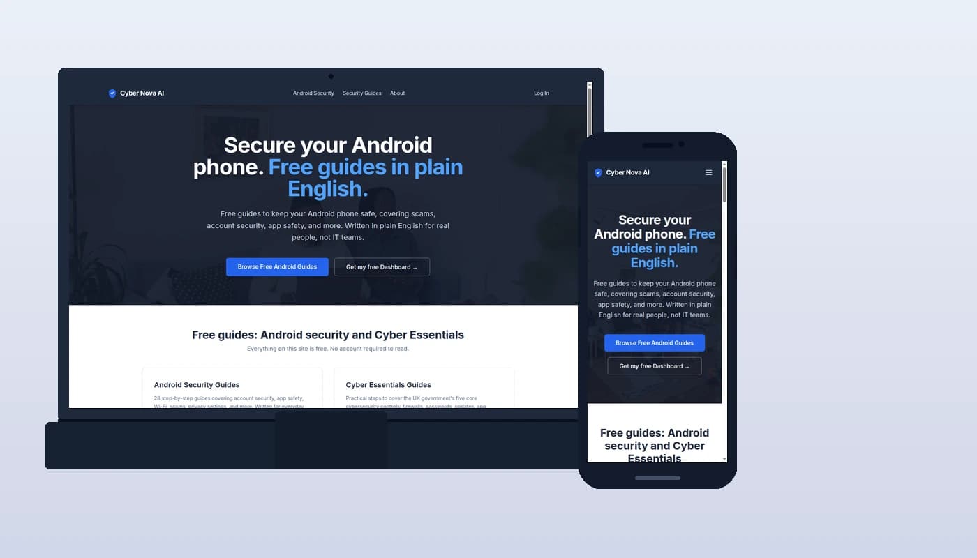 Laptop and phone showing the Cyber Nova AI homepage: free cybersecurity for UK home users