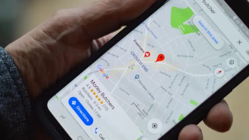 An Android phone showing a street map with a location pin