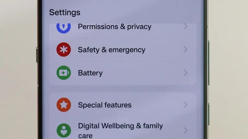 An Android Settings screen showing Permissions and privacy at the top of the list